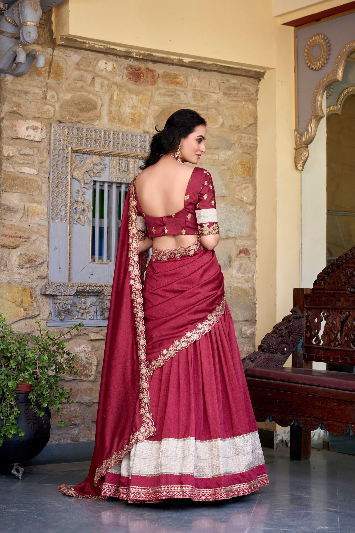 Salmon Vichitra Silk Zari Weaving Work Lace Border Belt With Sequins Lace Lehenga Choli