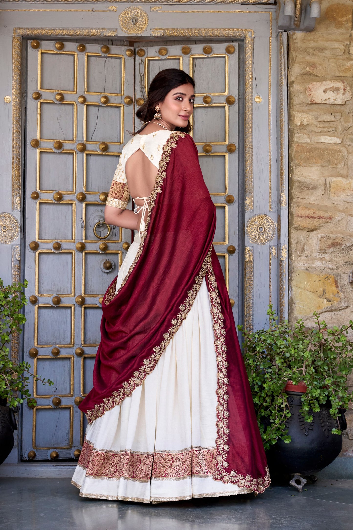 Off White Vichitra Silk Zari Weaving Work Lace Border Belt With Sequins Lace Lehenga Choli