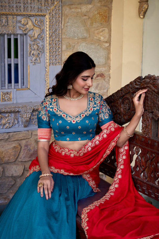 Teal Blue Vichitra Silk Zari Weaving Work Lace Border Belt With Sequins Lace Lehenga Choli