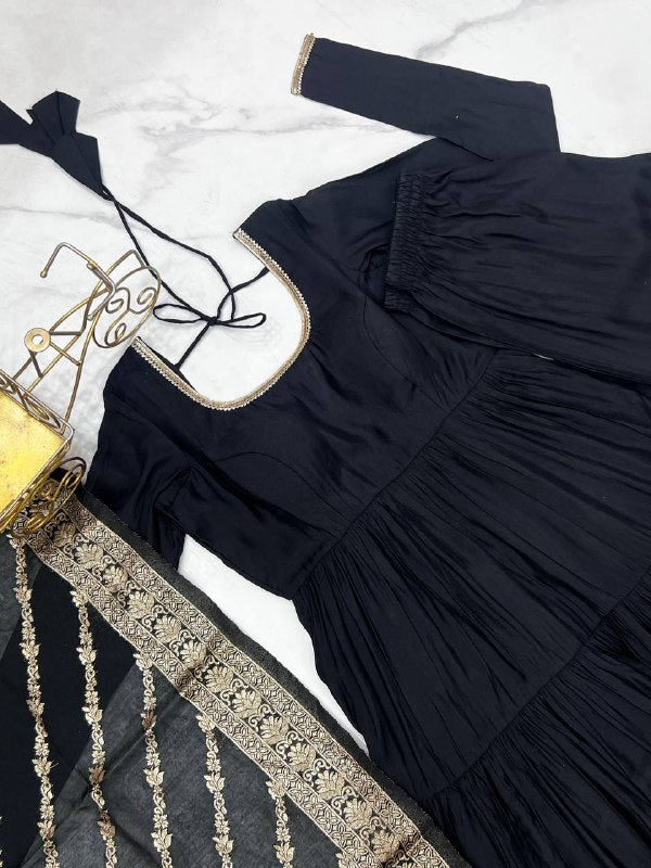 Black Chanderi Silk Full Churidar Sleeves Lace Work Anarkali Salwar Suit