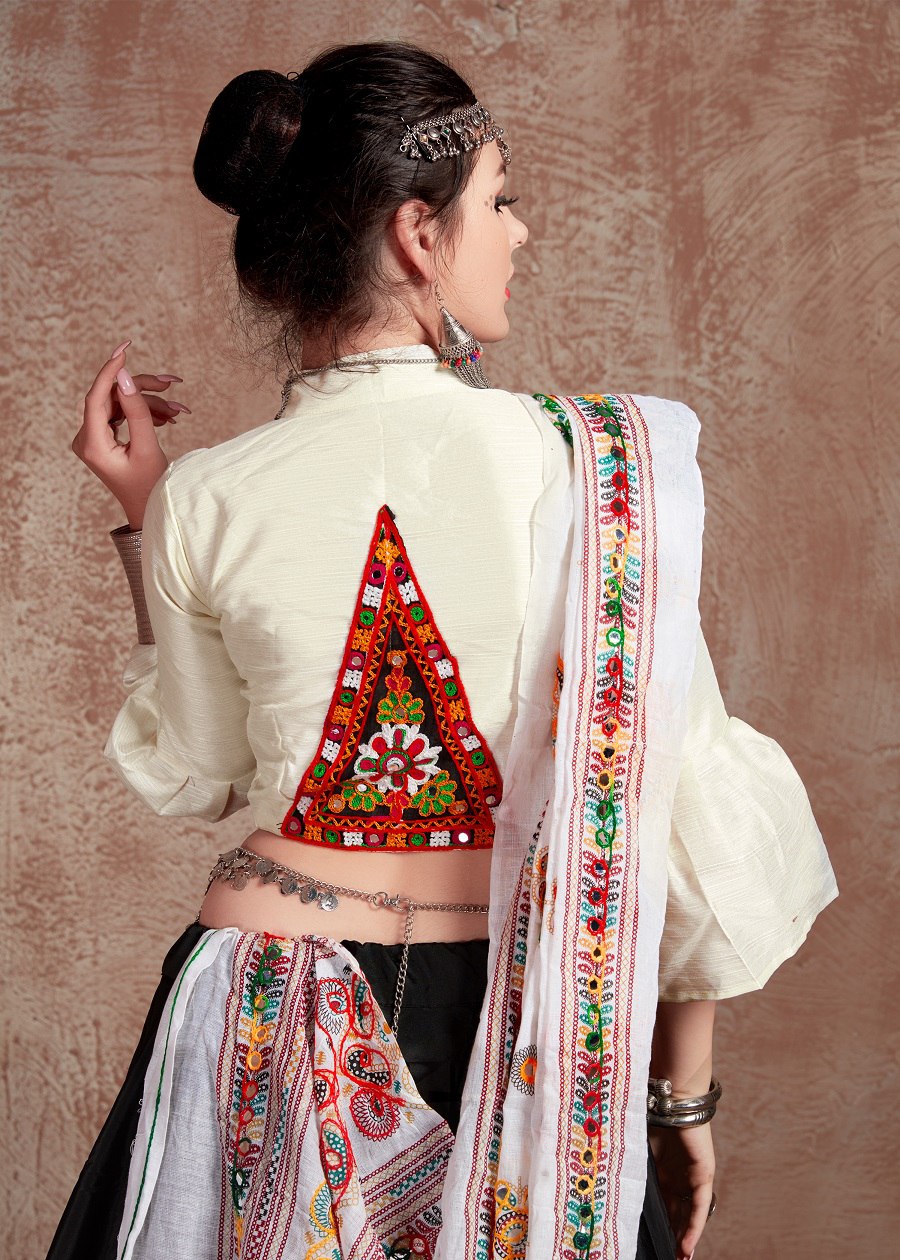 White Rajwadi Gamthi Lace With Mirror Work Navratri Lehenga Choli