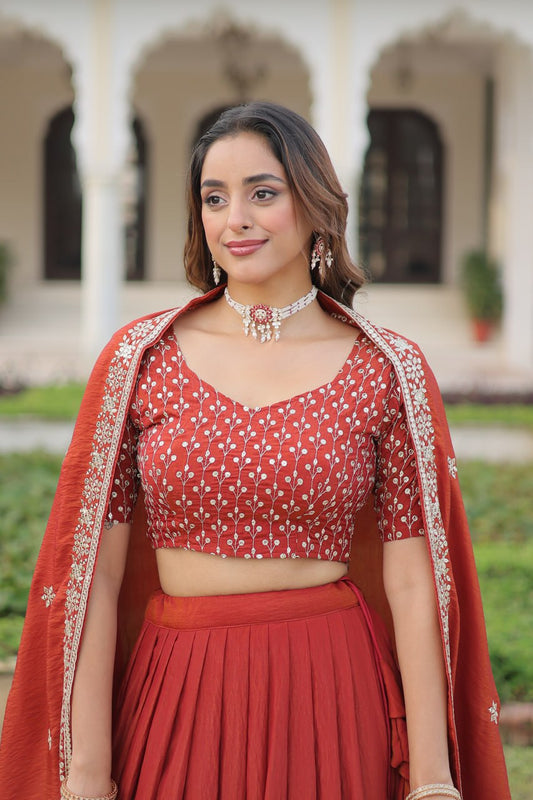 Maroon Vichitra Silk With Heavy Sequins Thread Embroidered Work Lehenga Choli