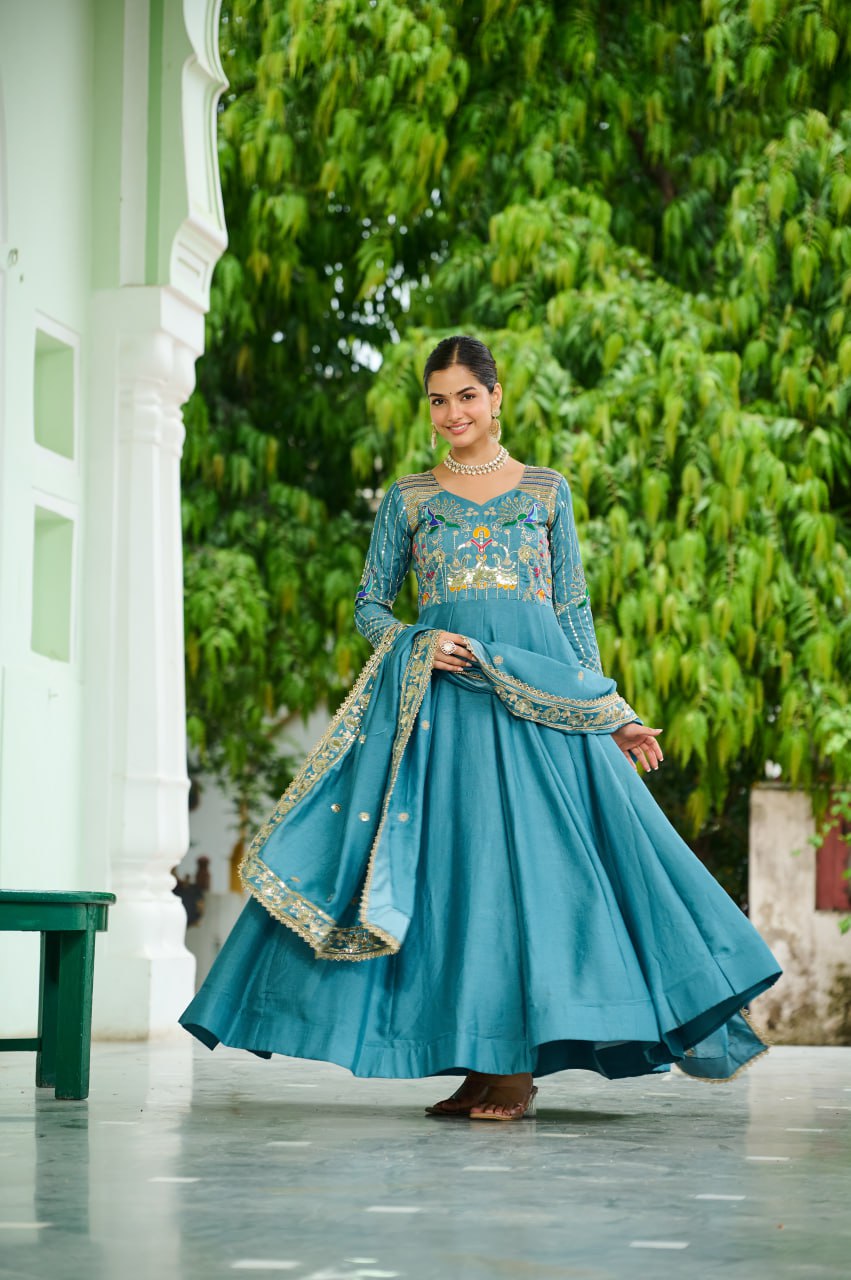 Sky Vichitra Silk With Sequins Zari Embroidered Lace Work Gown