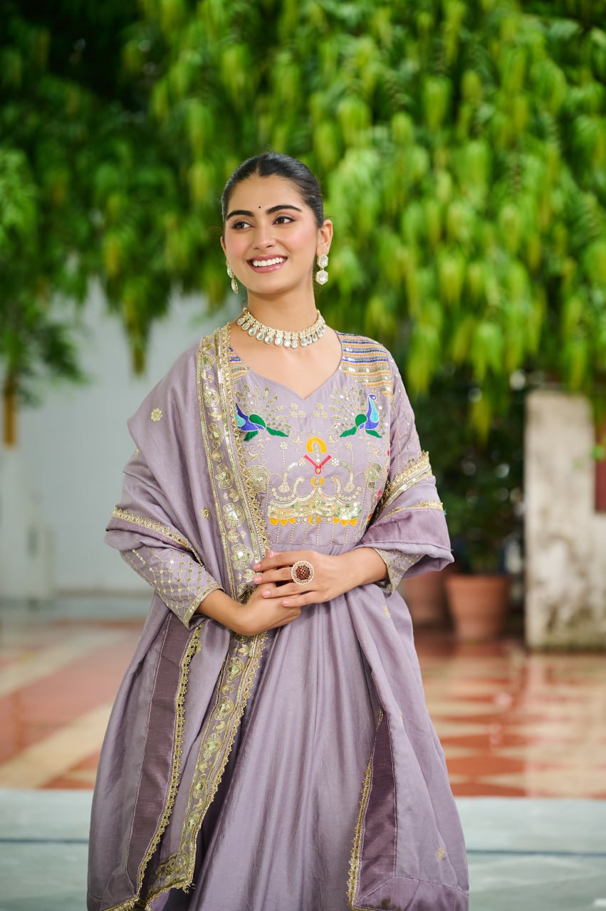 Onion Vichitra Silk With Sequins Zari Embroidered Lace Work Gown