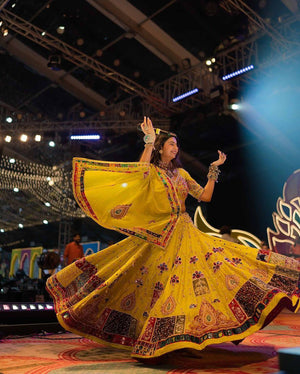 Yellow Navratri lehenga choli with real mirror work