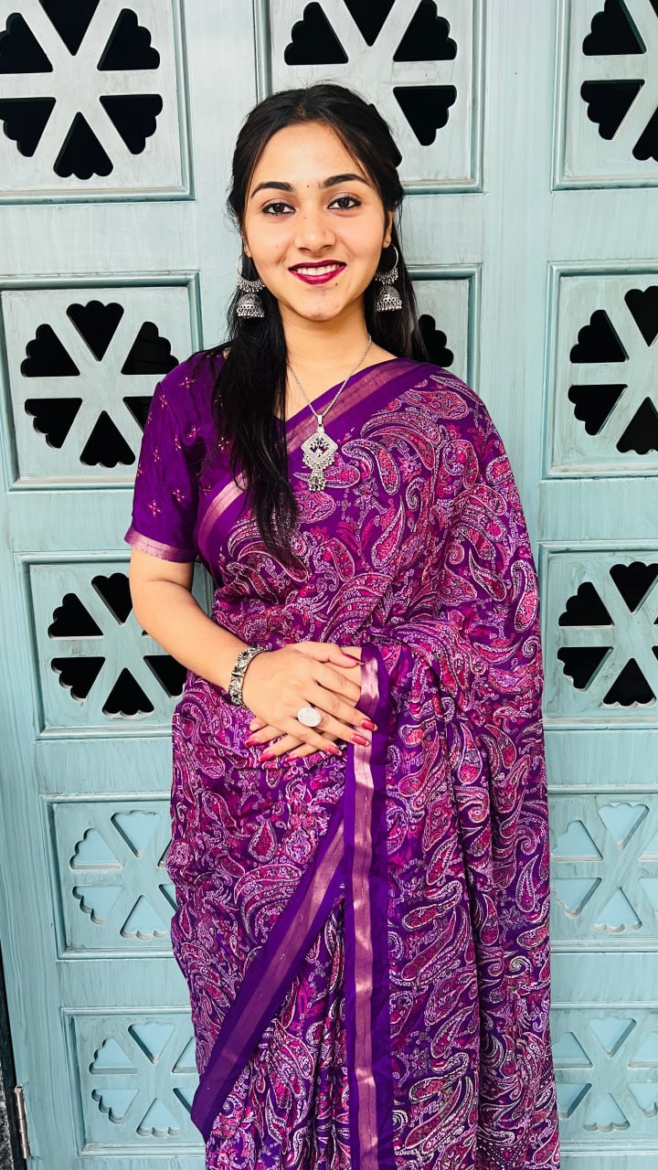 Royal Purple Mul Mul Cotton Silk Print Lightweight Saree
