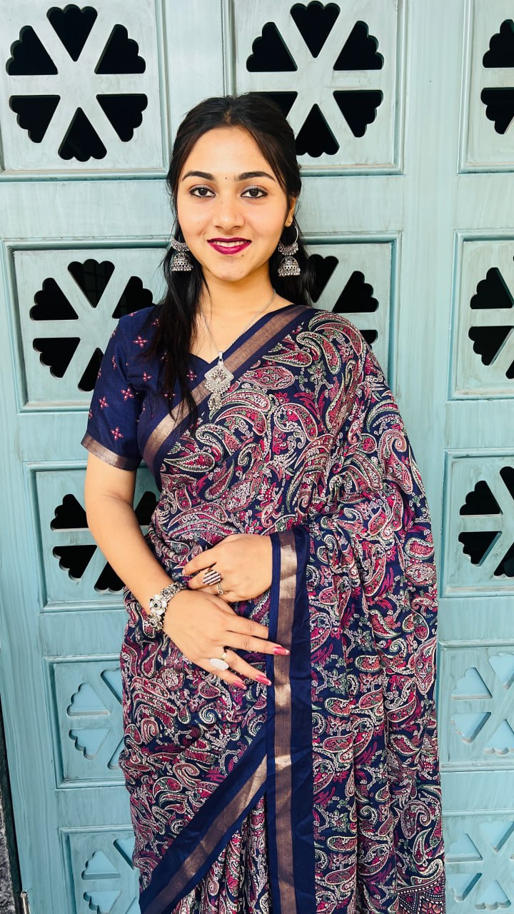 Classic Navy Blue Mul Mul Cotton Silk Print Lightweight Saree