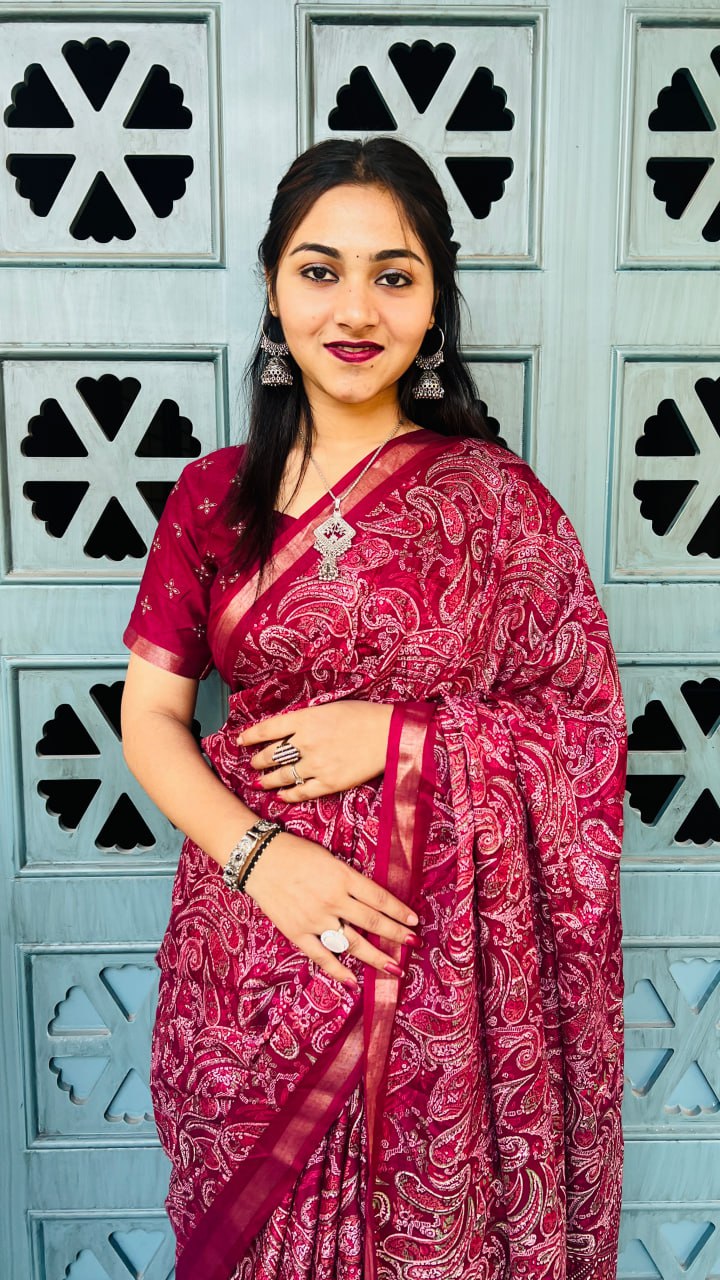Deep Maroon Mul Mul Cotton Silk Print Lightweight Saree