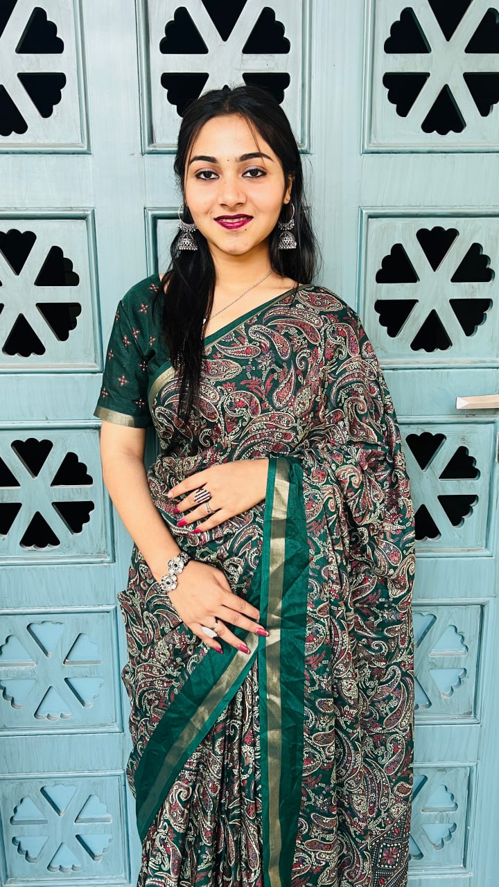 Emerald Green Mul Mul Cotton Silk Print Lightweight Saree