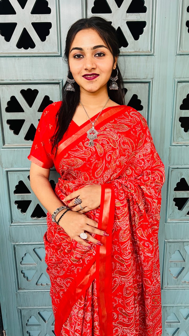 Vibrant Cherry Red Mul Mul Cotton Silk Print Lightweight Saree