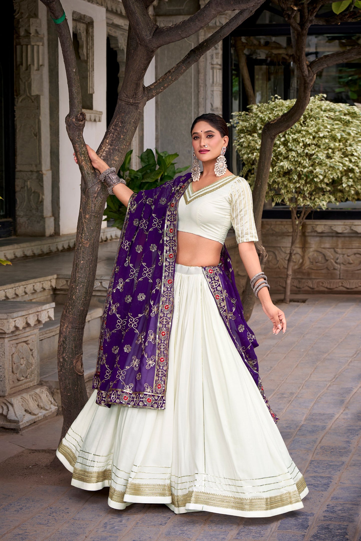 White Pure Rayon Zari Weaving Work Navratri Lehenga Choli