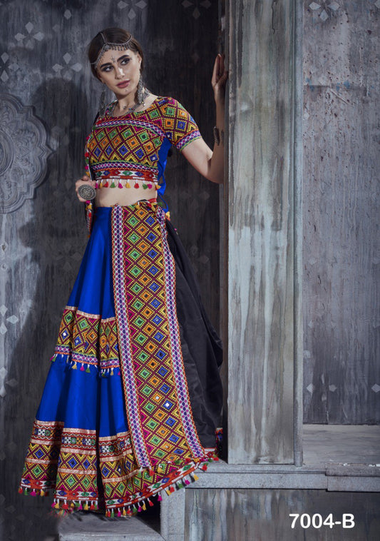 Blue Gamthi Lace With Mirror Work Navratri Lehenga Choli