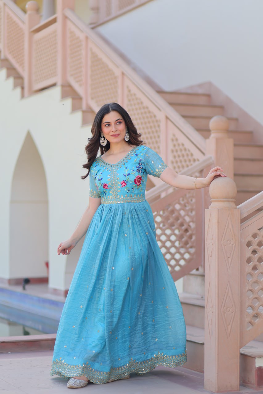 Sky Blue Gold Crush Embroidery Zari Sequins Work Gown