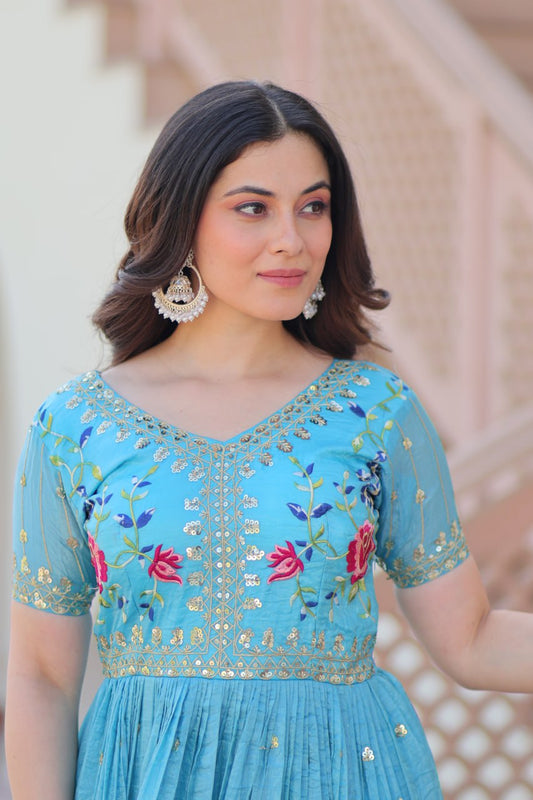 Sky Blue Gold Crush Embroidery Zari Sequins Work Gown