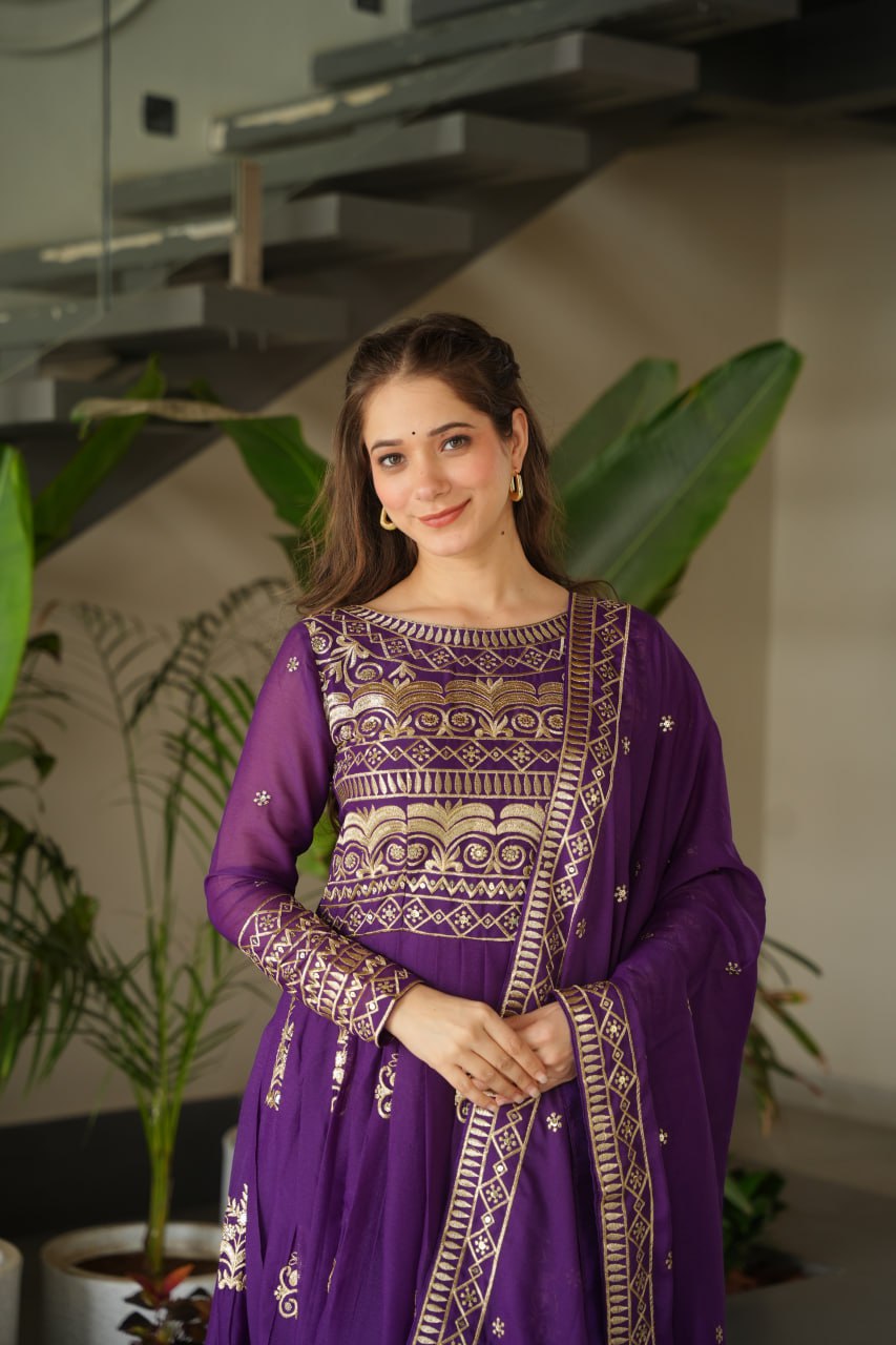 Purple Color Chinnon With Sequins Multi Beads Embroidered Work Gown