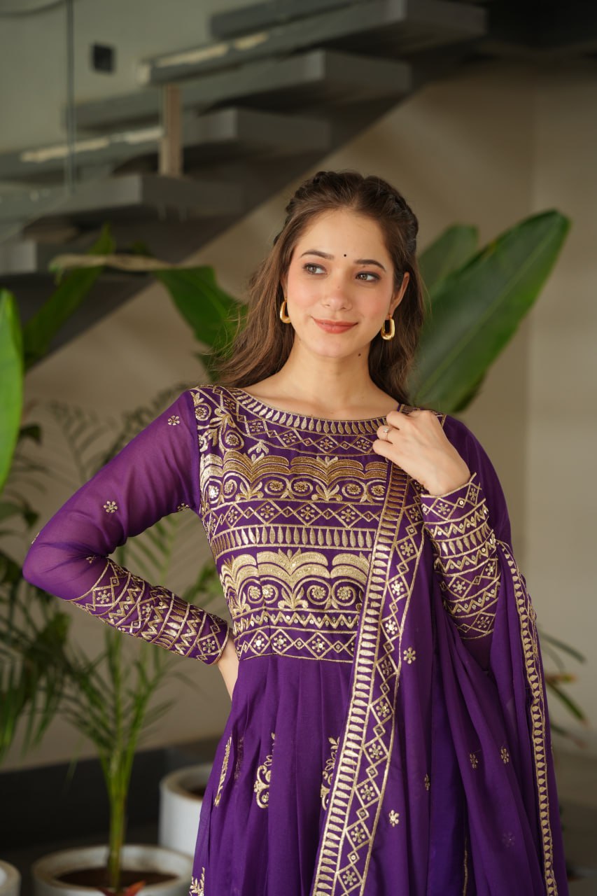 Purple Color Chinnon With Sequins Multi Beads Embroidered Work Gown