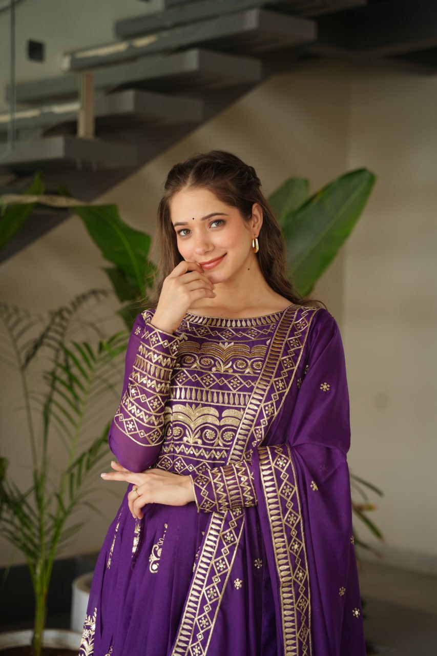 Purple Color Chinnon With Sequins Multi Beads Embroidered Work Gown