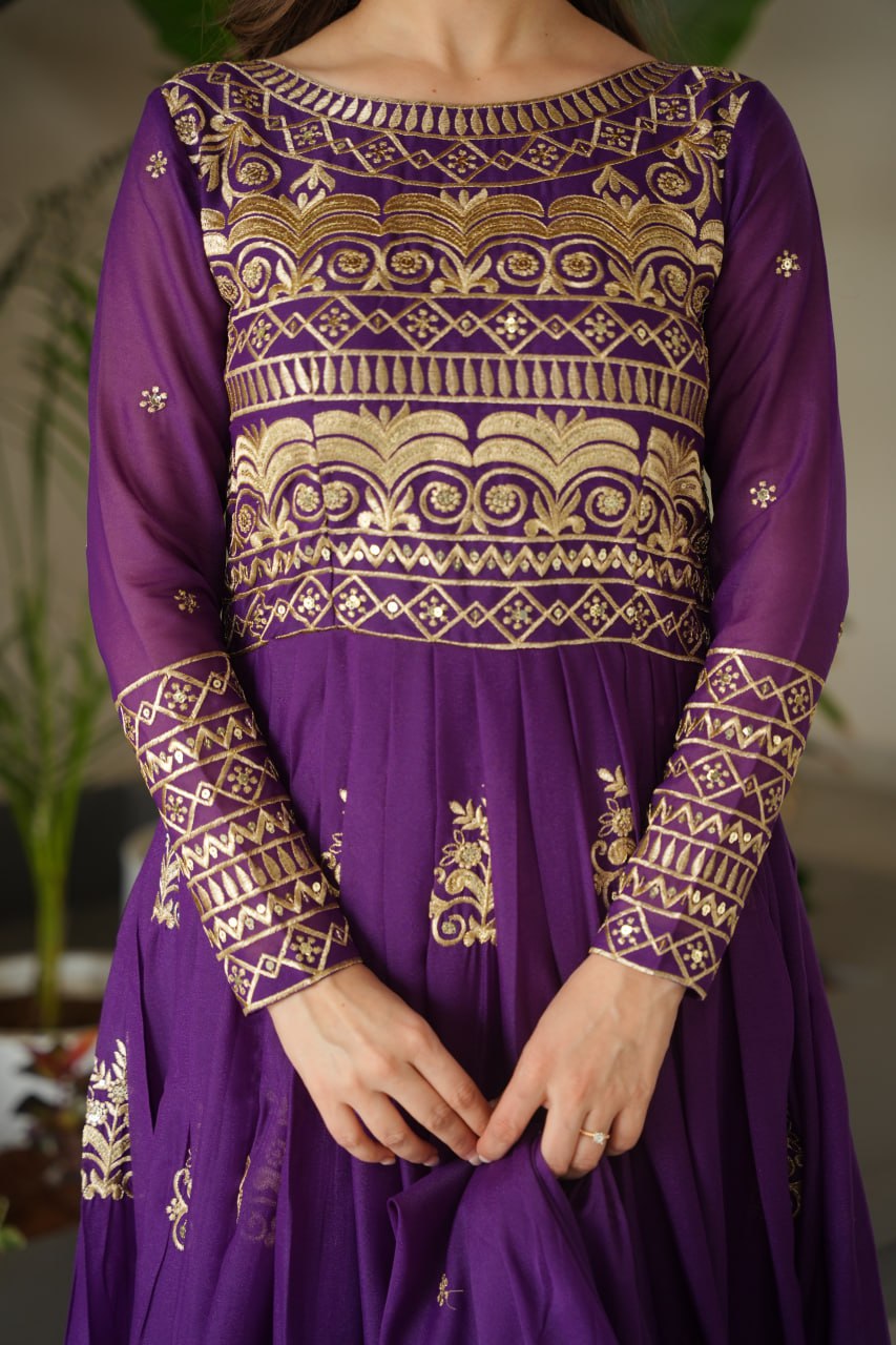 Purple Color Chinnon With Sequins Multi Beads Embroidered Work Gown