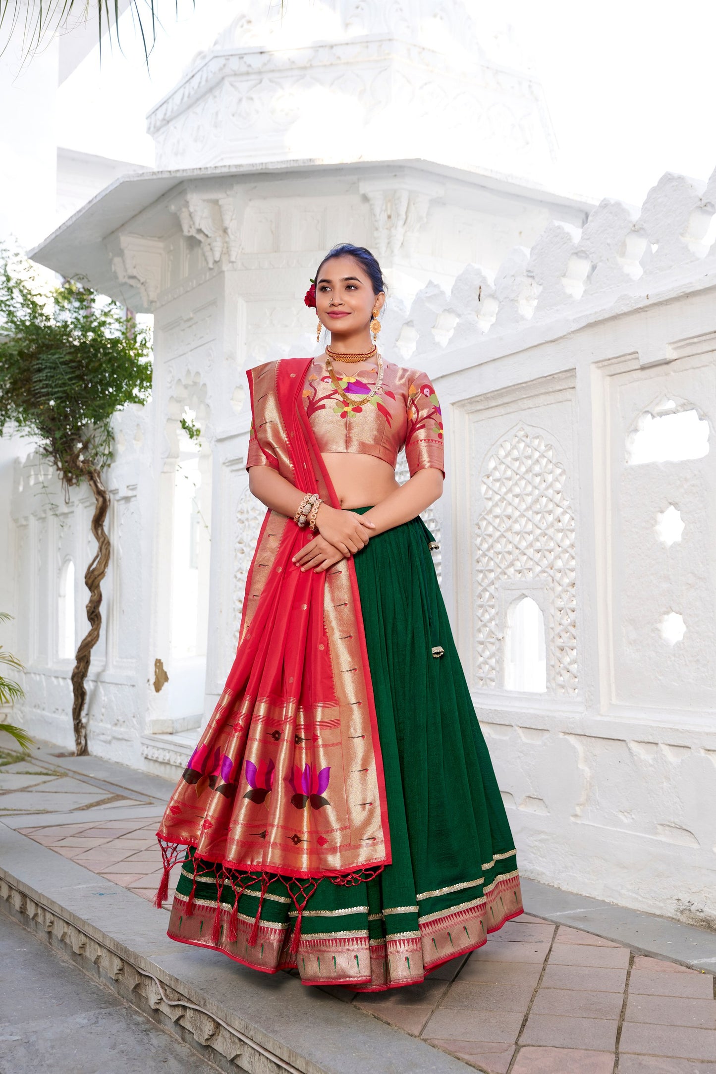 Green Vichitra Silk Plain With Paithni Lace Border Paithani Lehenga Choli