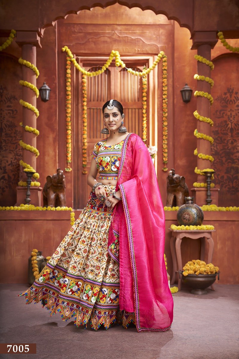 Cream Gamthi Work And Patola Print With Mirror Work Navratri Lehenga Choli
