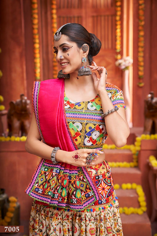 Cream Gamthi Work And Patola Print With Mirror Work Navratri Lehenga Choli