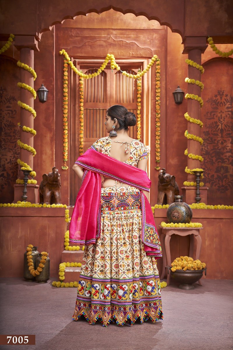 Cream Gamthi Work And Patola Print With Mirror Work Navratri Lehenga Choli