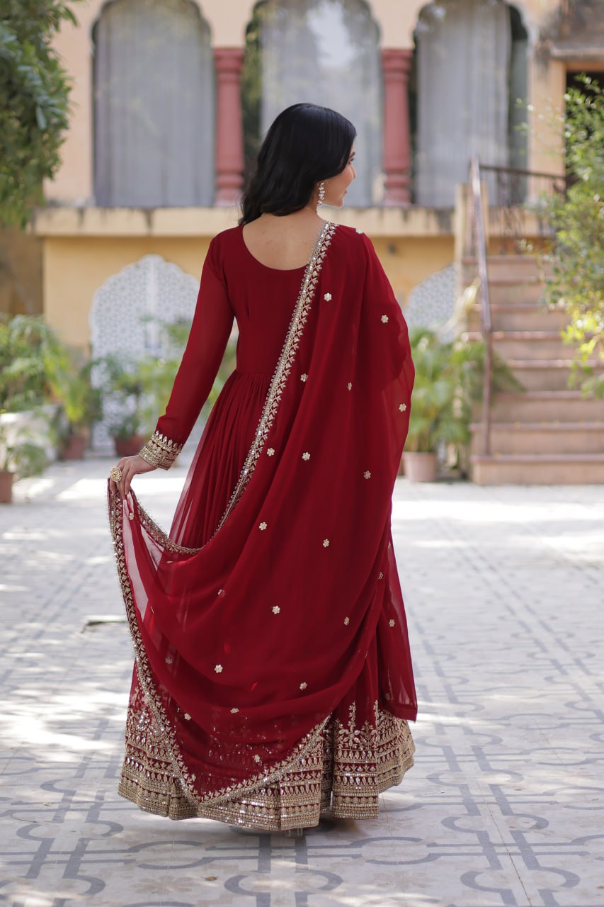 Maroon Faux Blooming With Embroidery Zari Sequins Work Gown