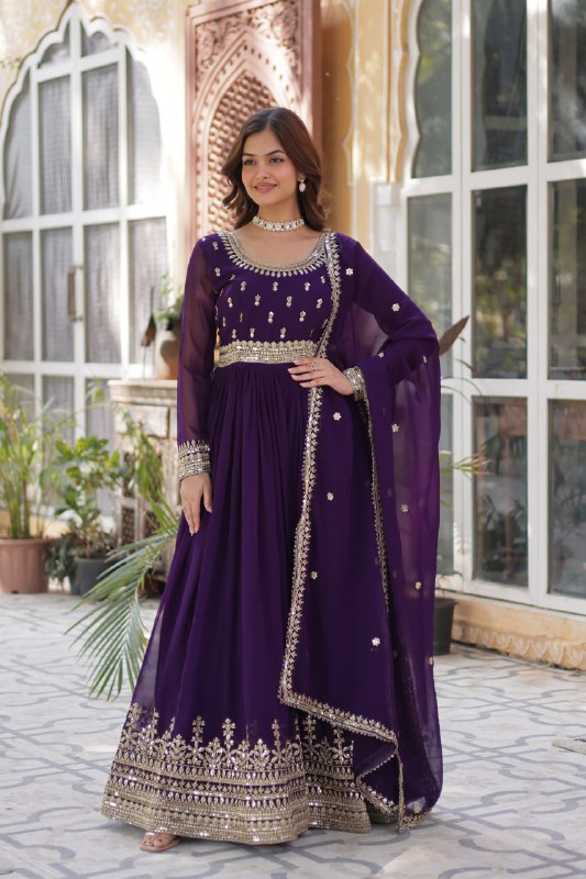 Purple Faux Blooming With Embroidery Zari Sequins Work Gown