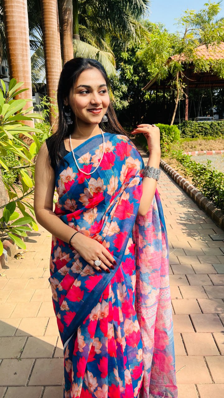 Blue Premium Lilan Cotton Digital Floral Print Eye Catching Saree
