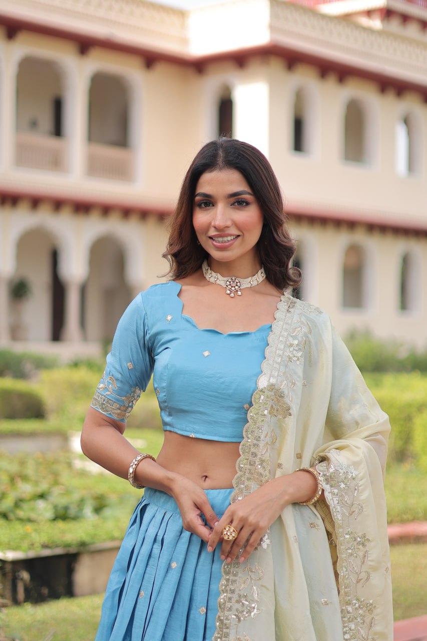 Sky Blue Designer Gold Crush With Heavy Sequins Work Lehenga Choli
