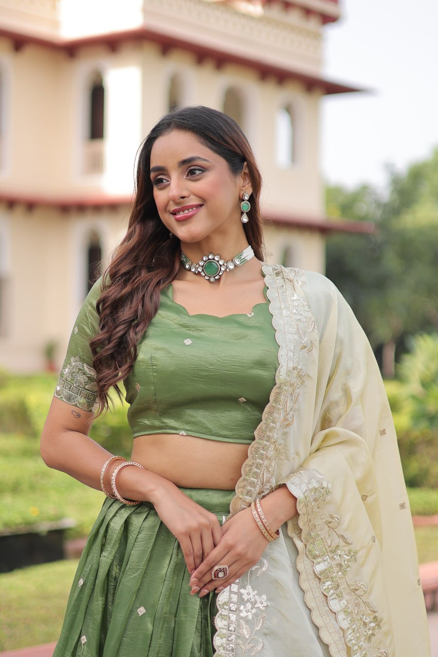 Green Designer Gold Crush With Heavy Sequins Work Lehenga Choli