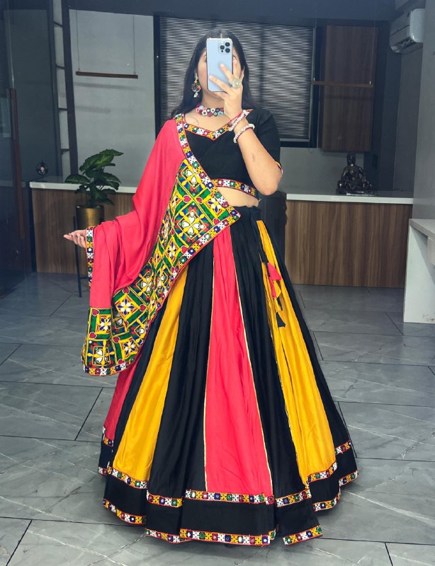 Multicolor Pure Rayon Cotton Traditional Work Navratri Lehenga Choli