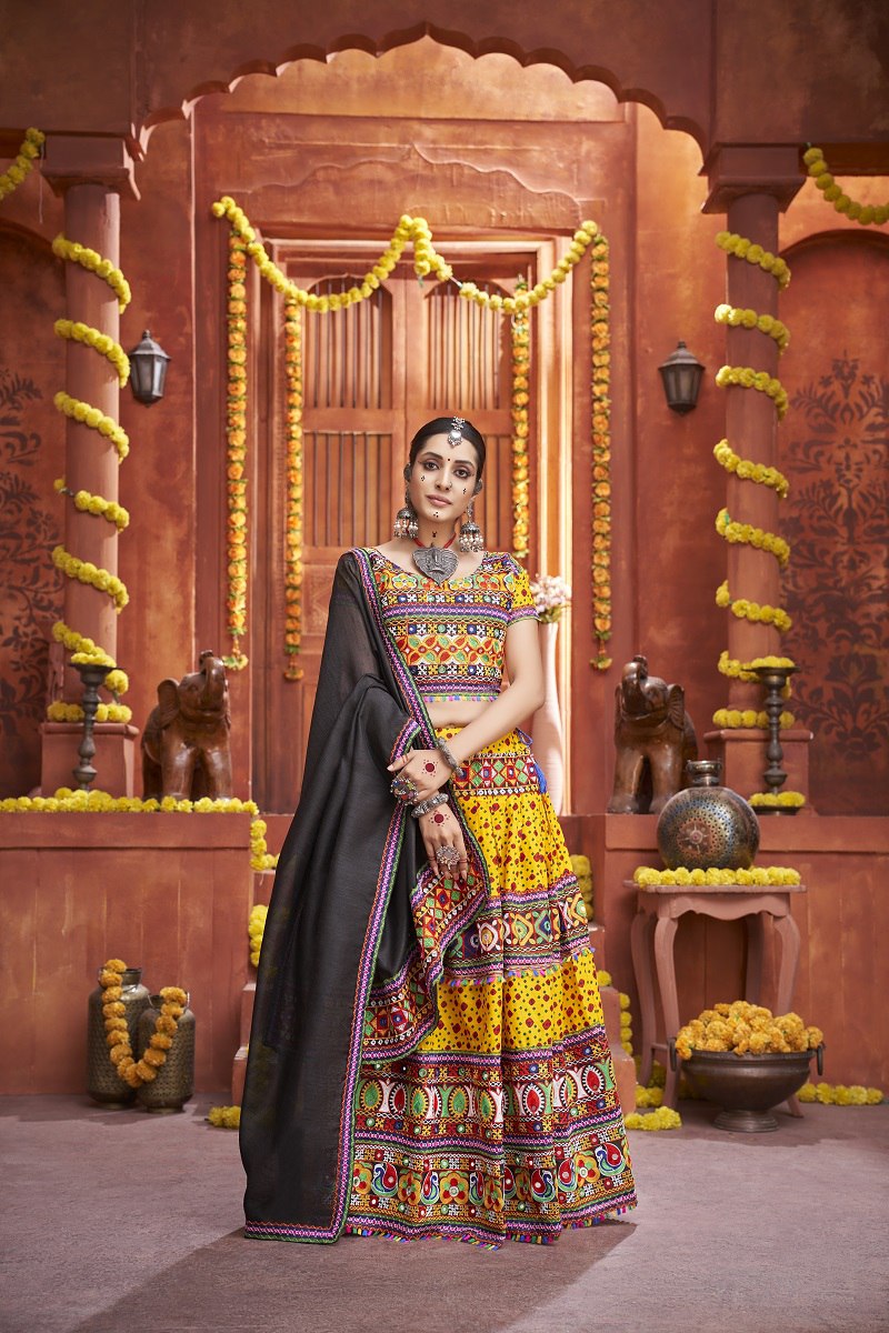 Yellow Rajwadi Mix Cotton Silk Print With Gamti Real Mirror Navratri Lehenga Choli