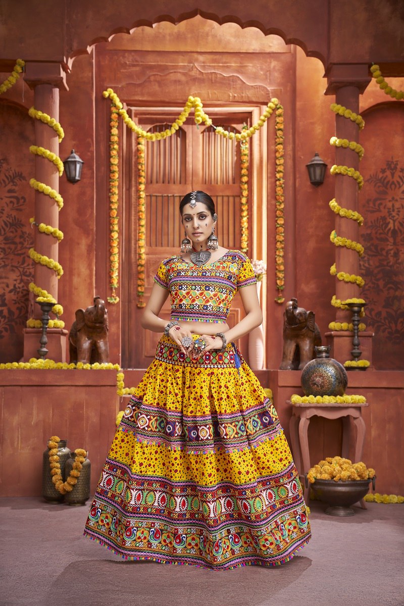Yellow Rajwadi Mix Cotton Silk Print With Gamti Real Mirror Navratri Lehenga Choli