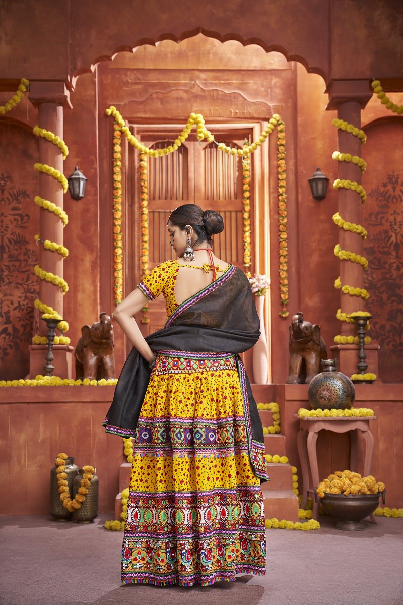 Yellow Rajwadi Mix Cotton Silk Print With Gamti Real Mirror Navratri Lehenga Choli