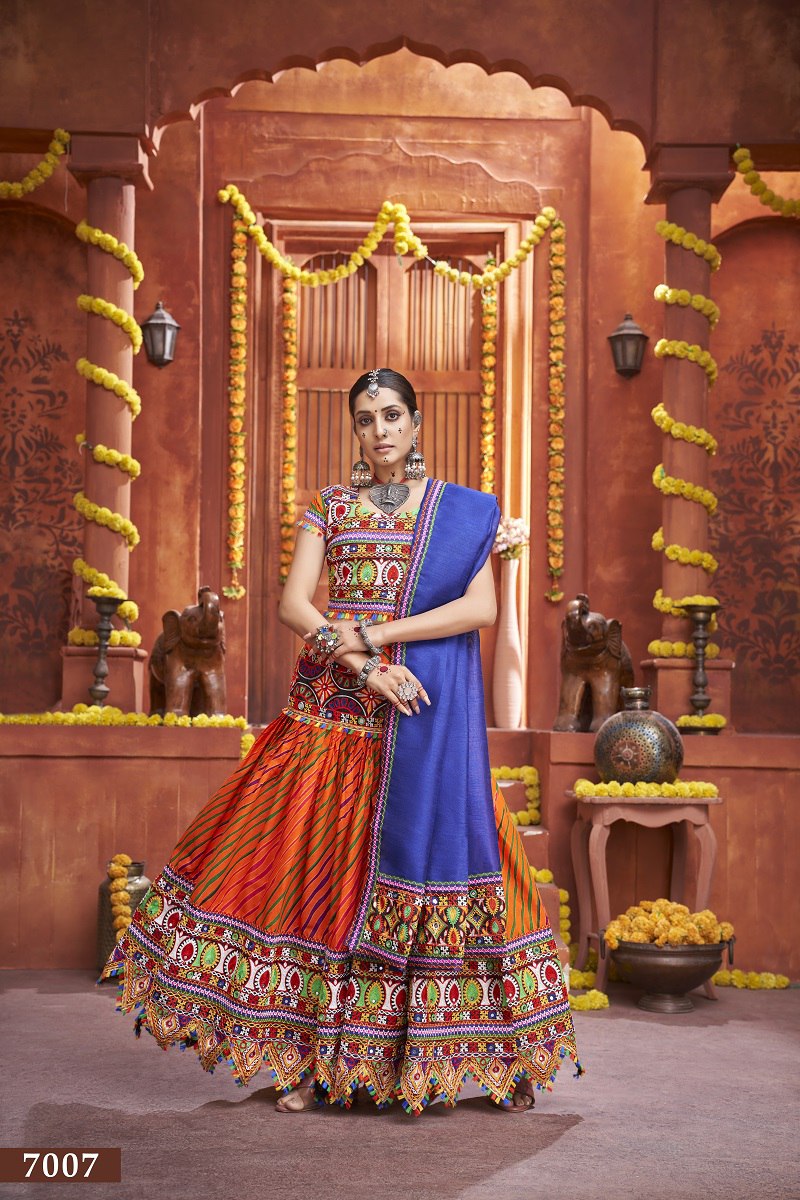 Orange Rajwadi Mix Cotton Silk Bandhni Print With Gamti Real Mirror Navratri Lehenga Choli