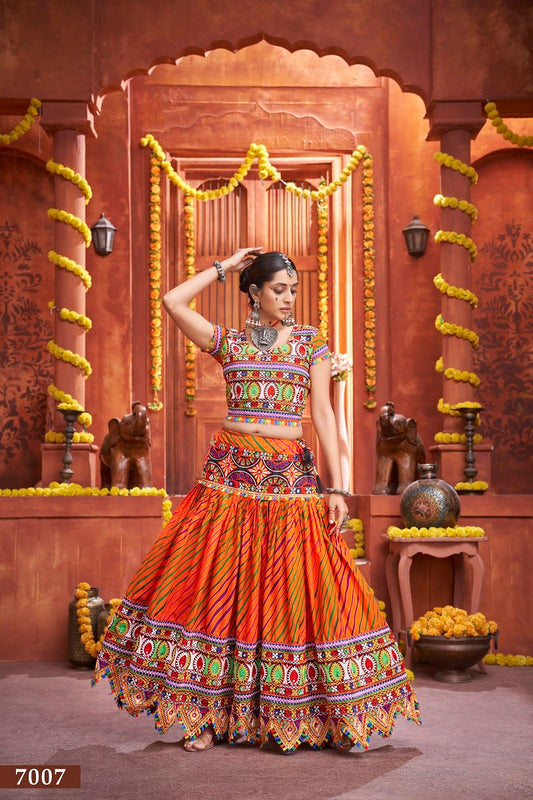 Orange Rajwadi Mix Cotton Silk Bandhni Print With Gamti Real Mirror Navratri Lehenga Choli