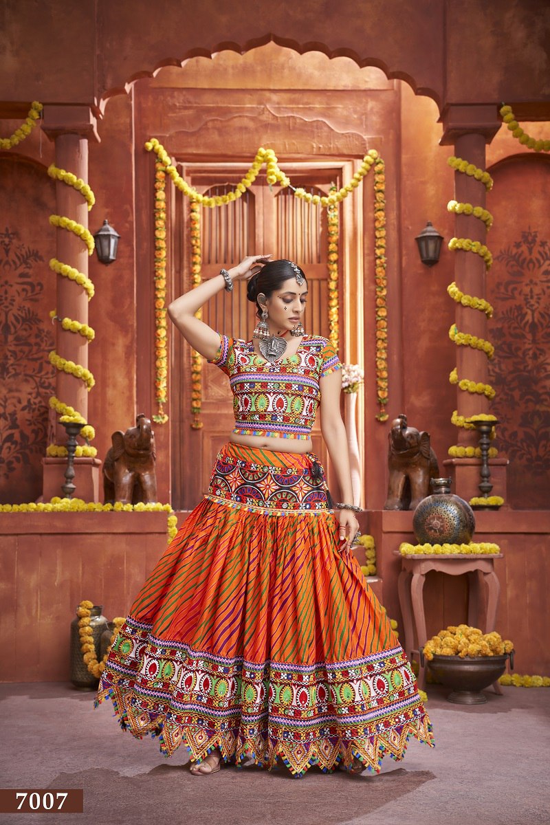 Orange Rajwadi Mix Cotton Silk Bandhni Print With Gamti Real Mirror Navratri Lehenga Choli