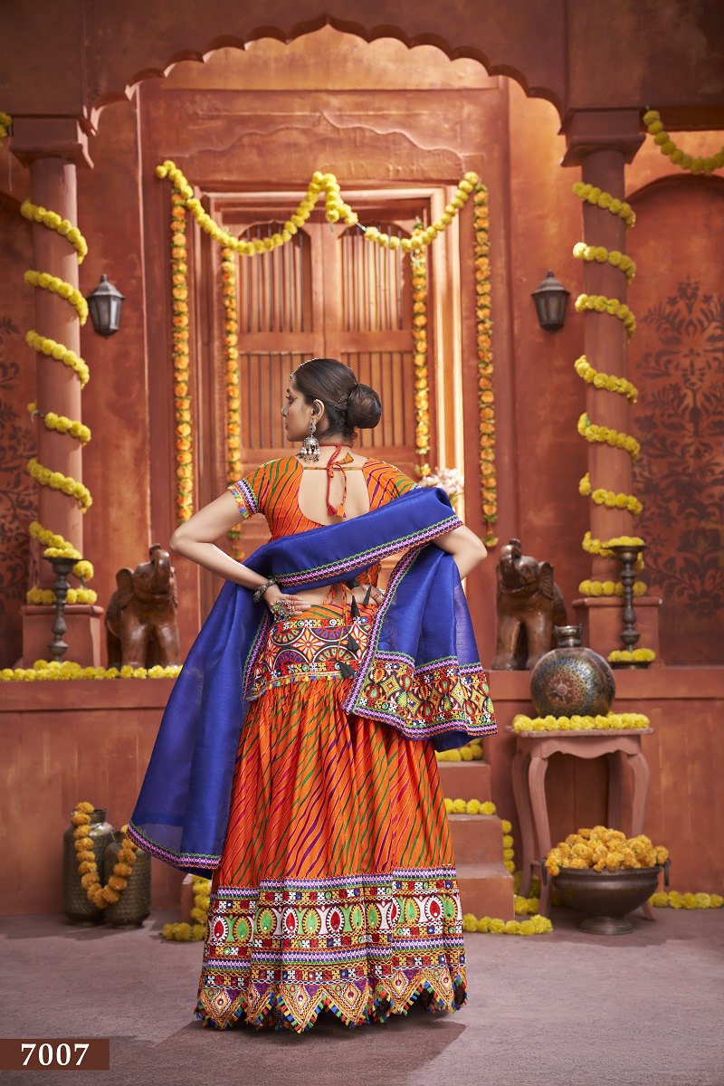 Orange Rajwadi Mix Cotton Silk Bandhni Print With Gamti Real Mirror Navratri Lehenga Choli