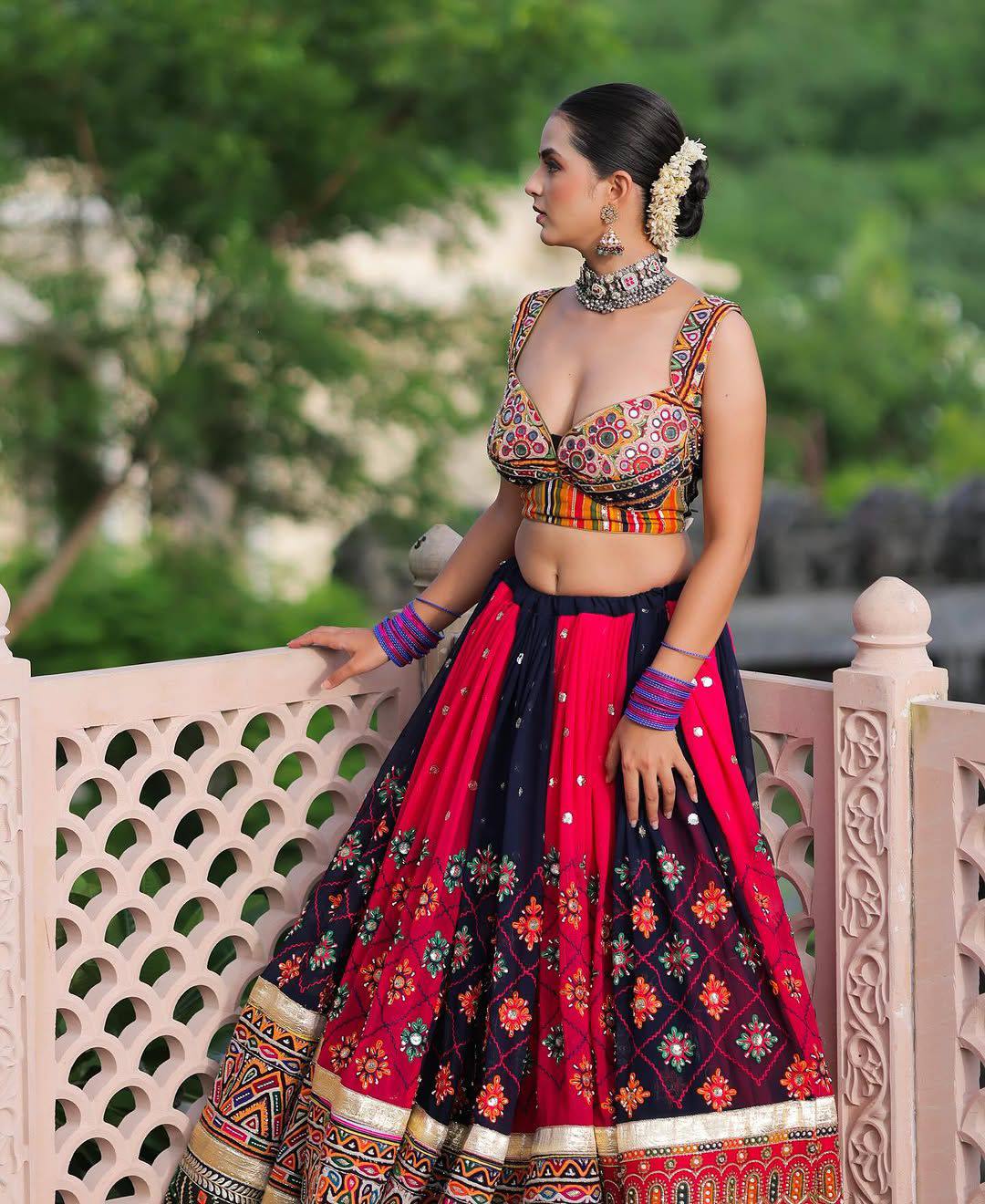 Navy Blue & Rani Pink Heavy Malai Silk Navratri Lehenga Choli with Digital Print, Real Mirror Work & Golden Gota Zari Lace
