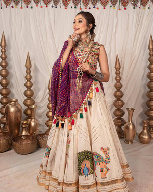 Navratri lehenga cream muslin cotton with gold gota border and mirror latkan dupatta