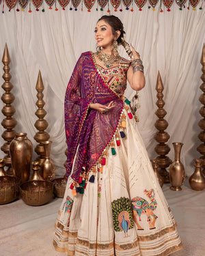 Cream heavy muslin cotton Navratri chaniya choli with camel peacock digital print and real mirror work