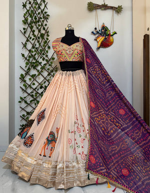 Cream digital print Navratri chaniya choli with multicolour tassel bandhani dupatta