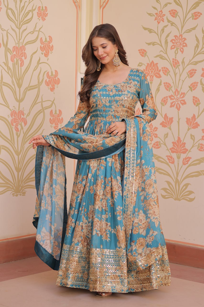 Blue Color Russian Silk Rich Digital Print With Embroidered Sequins Work Gown