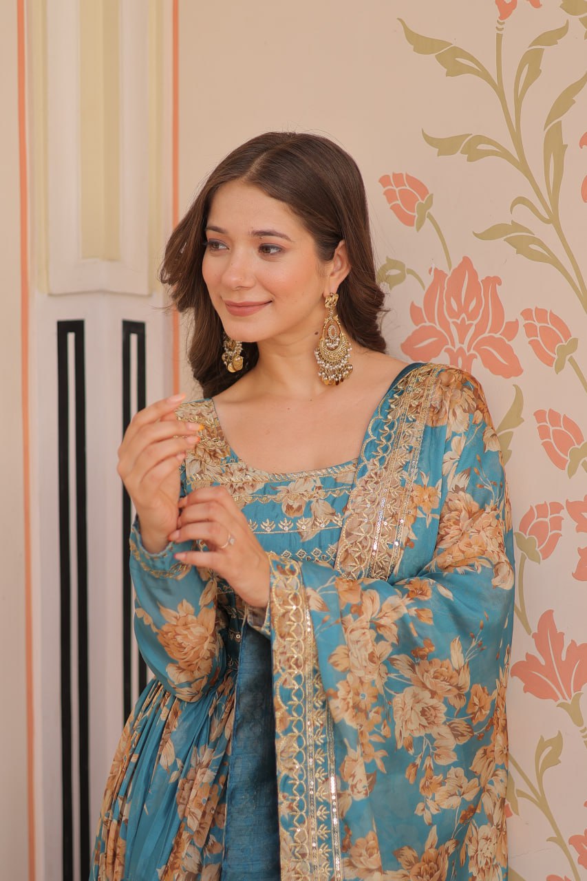 Blue Color Russian Silk Rich Digital Print With Embroidered Sequins Work Gown