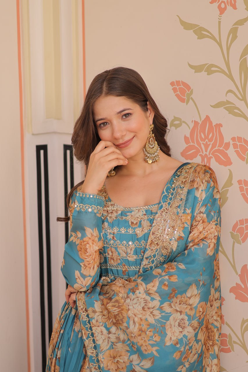 Blue Color Russian Silk Rich Digital Print With Embroidered Sequins Work Gown