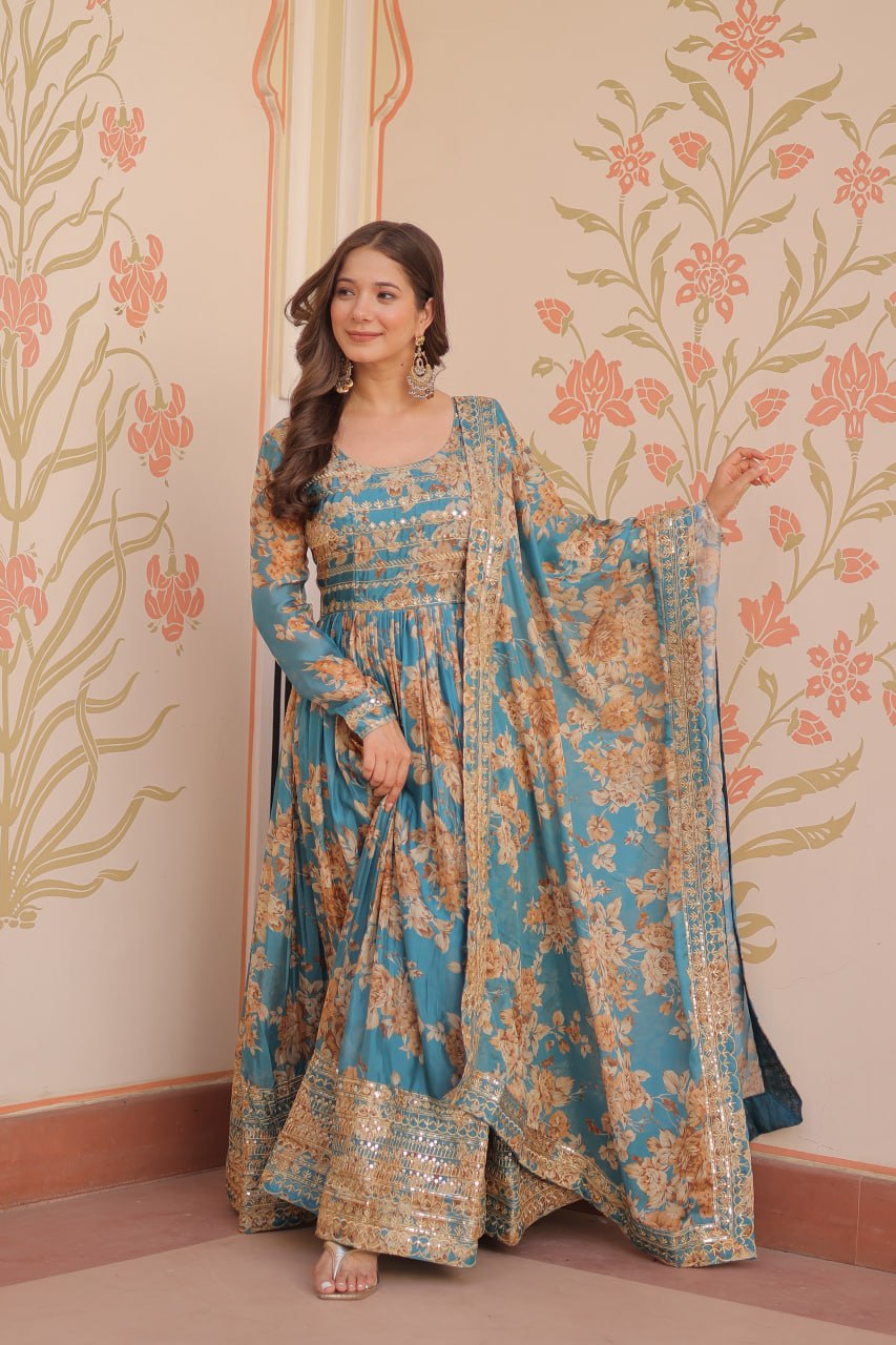 Blue Color Russian Silk Rich Digital Print With Embroidered Sequins Work Gown