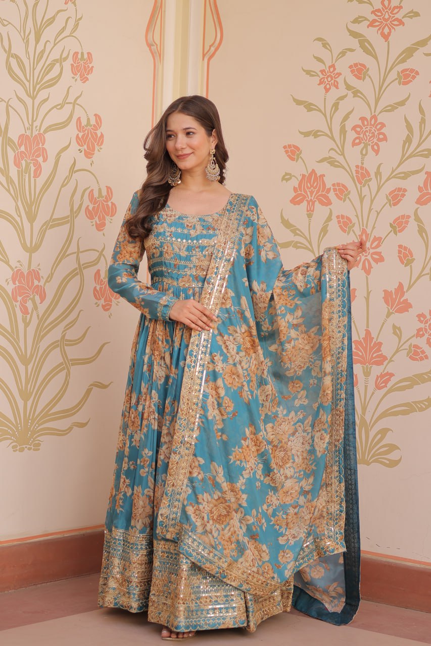 Blue Color Russian Silk Rich Digital Print With Embroidered Sequins Work Gown