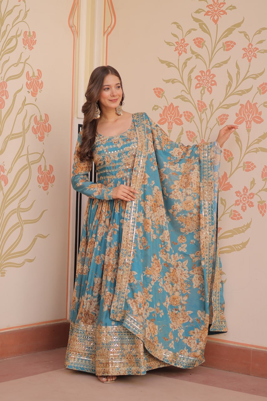 Blue Color Russian Silk Rich Digital Print With Embroidered Sequins Work Gown
