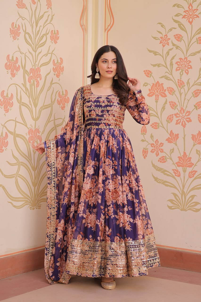 Purple Color Russian Silk Rich Digital Print With Embroidered Sequins Work Gown